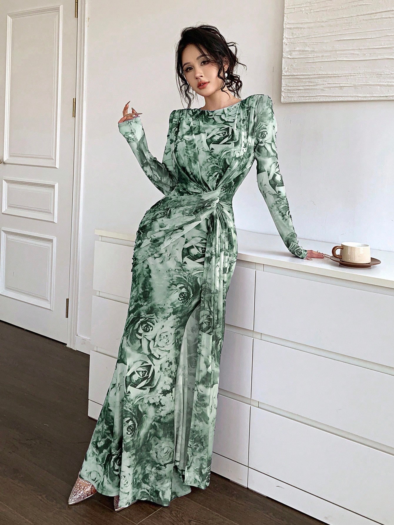 Summer Women's U Neck Long Sleeve Patchwork Slim Fit Printed Maxi Dress_ecoleips.com