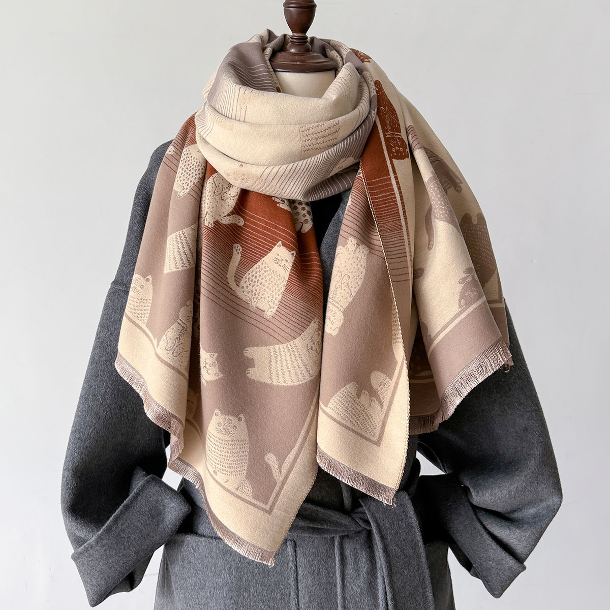 700g Weight Scarf Classification Daily, Street Occasion Polyester Material Cat Pattern Autumn&Winter Season Unisex Gender Cute, Basic Style Unisex Cute Basic Cat Polyester Scarf 9