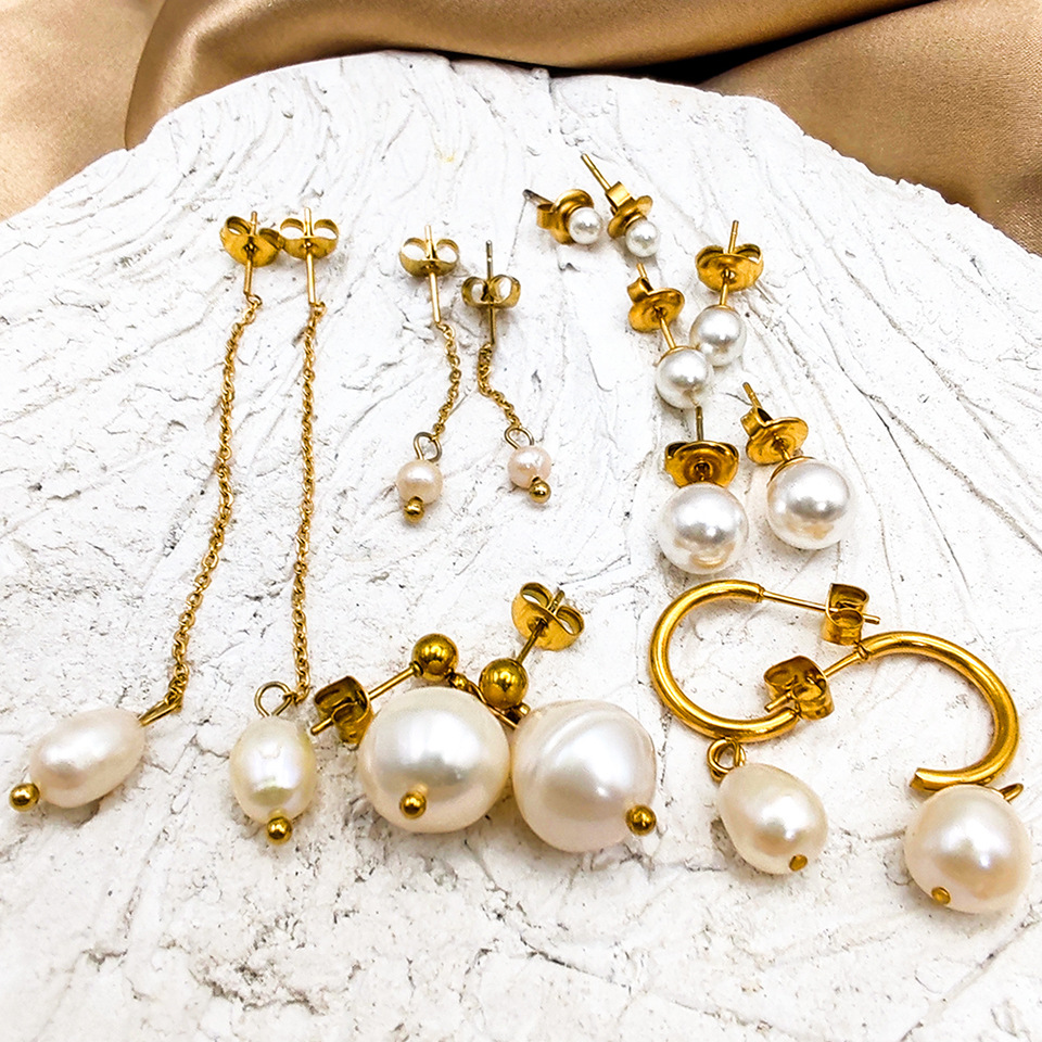 Inlay Design 1 Pair 14K Gold Plated Freshwater Pearl Titanium Steel Pearl Geometric Drop Earrings Ear Studs