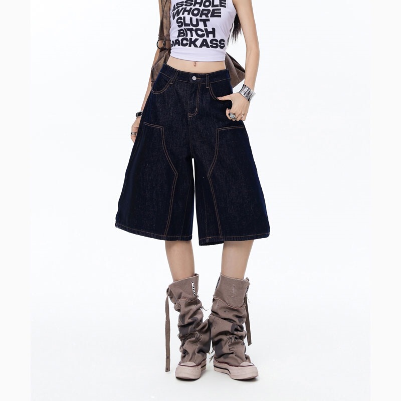 American Retro Denim Cropped Pants for Women, Wide-Leg Mid-Length Pants with Adjustable Buckle Design, Dark Blue Patterned Cotton Dyed Trousers