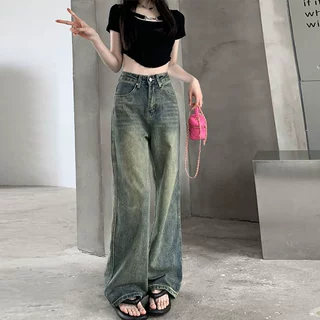 怀旧复古高腰牛仔裤女美式大码高腰宽松梨形遮肉休闲拖地阔腿长裤