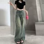 大码宽松拖地梨形牛仔裤