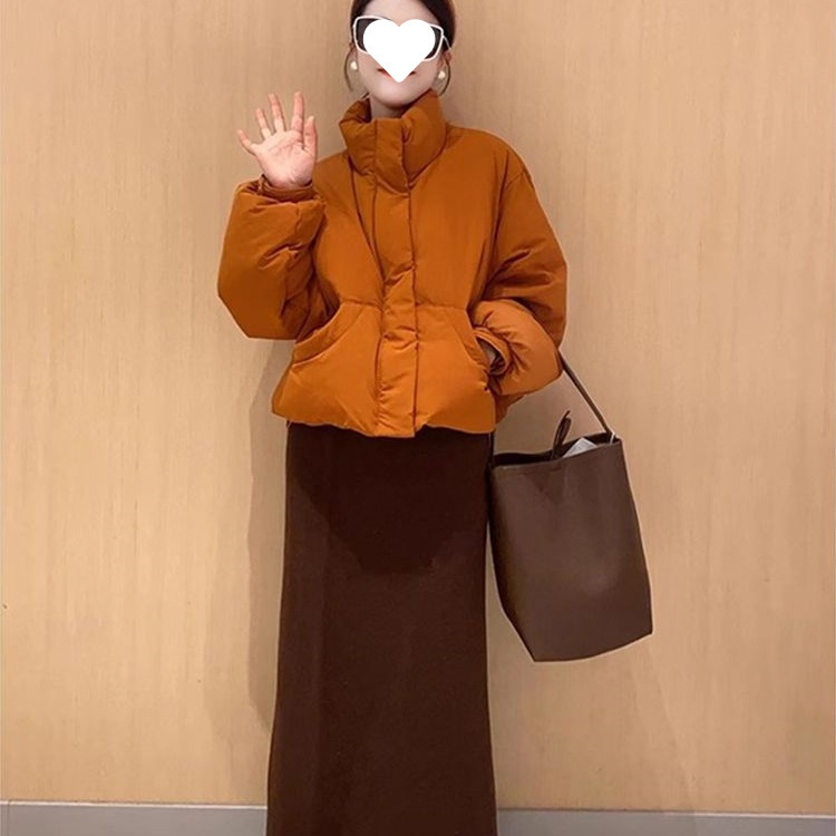 韩系橘色短款加绒加厚羽绒棉服女2025冬季新款保暖面包服外套|undefined