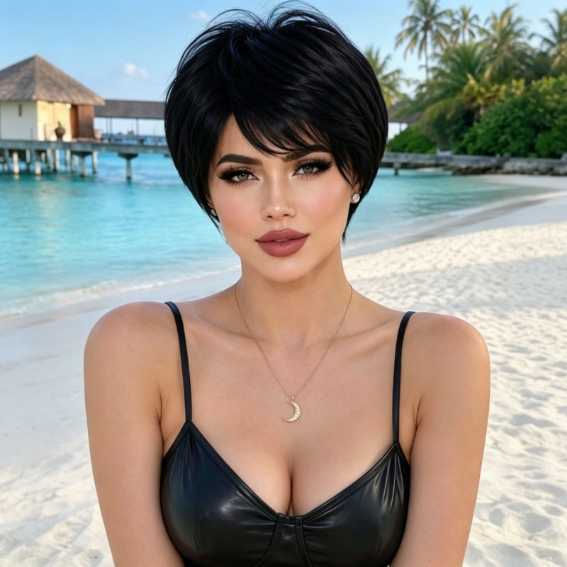 European and American style women's black short straight wig with side bangs, sleek and professional European and American style short pixie wig, realistic synthetic hairpiece