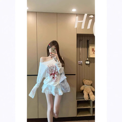 【工場現物】白いプリント斜め肩長袖tシャツ女性夏ゆるい日焼け止めブラウス