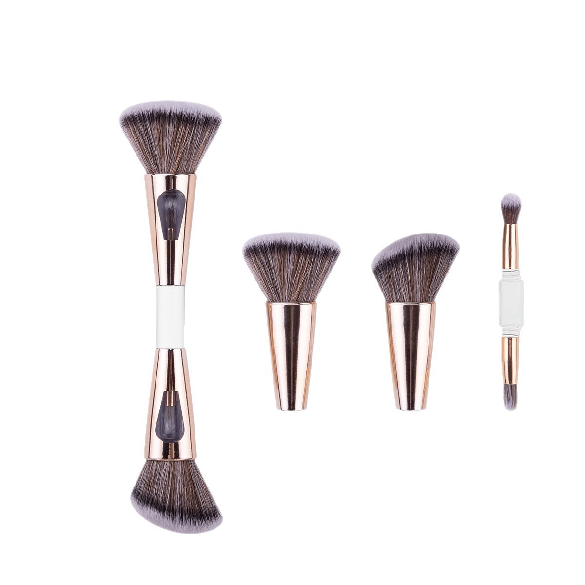 Brocha de maquillaje portátil transfronteriza de doble cabezal y cuatro en uno: brocha para colorete, brocha para polvos sueltos, brocha para sombra de ojos, brocha para contorno.