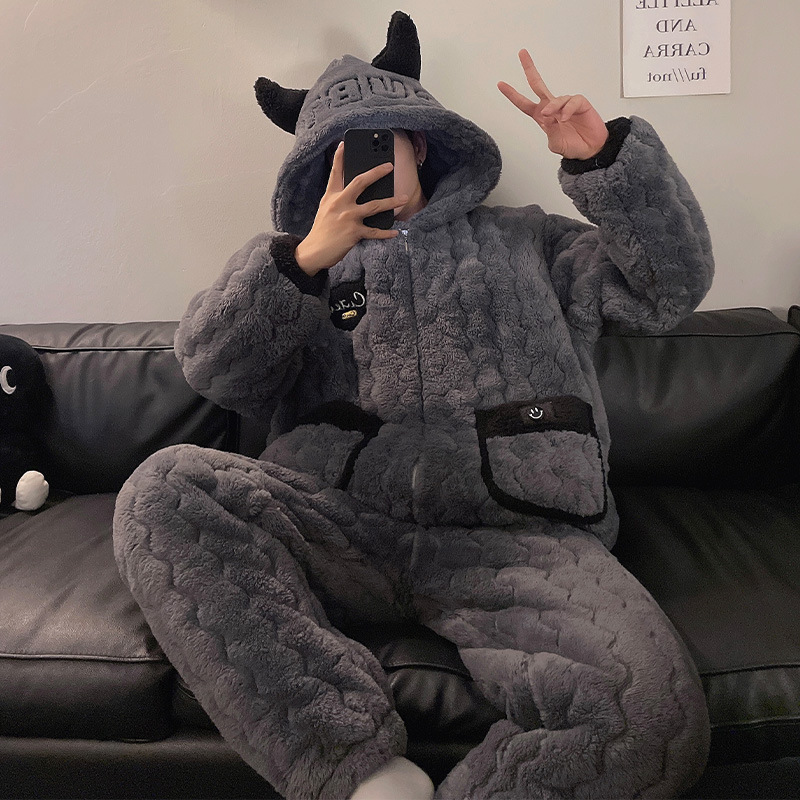 Little Devil Men's Pajamas Autumn and Winter Three-Layer Quilted Thickened Coral Velvet Can Be Weared Outside Home Clothes Set