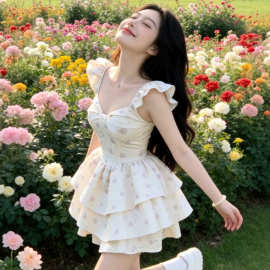 2026春夏法式绝美甜辣妹飞飞袖吊带连衣裙仙女裙收腰蓬蓬裙小个子