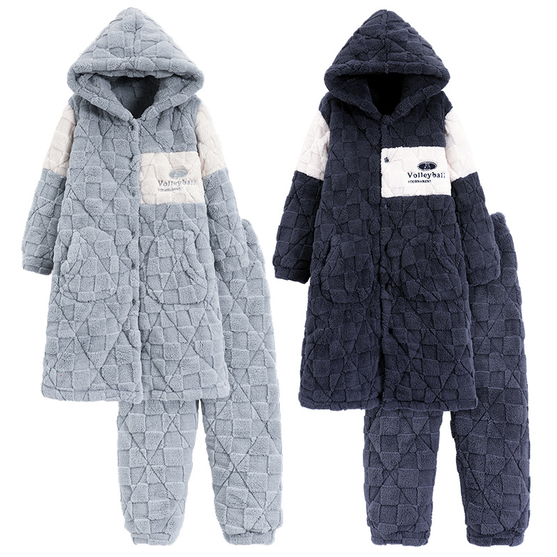 Tres capas de algodón coral terciopelo pareja Pijamas Mujer invierno Mediados de largo hogar ropa camisón hombres espesado chaqueta caliente