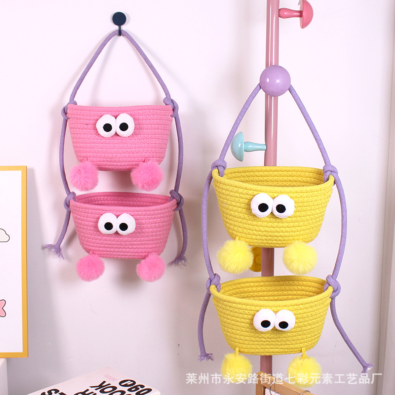 Cesta organizadora de cuerda de algodón con diseño de dibujos animados para colgar en la puerta del dormitorio, se puede usar como cesta de almacenamiento o cesta colgante.