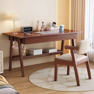 Japanese-Style Solid Wood Leg Computer Desk, Simple Home Bedroom Small Apartment Ins Style with Drawer Student Writing Desk