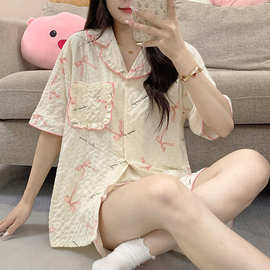 实拍夏季韩版新款睡衣女梭织提花云朵棉甜美短袖短裤套装家居服