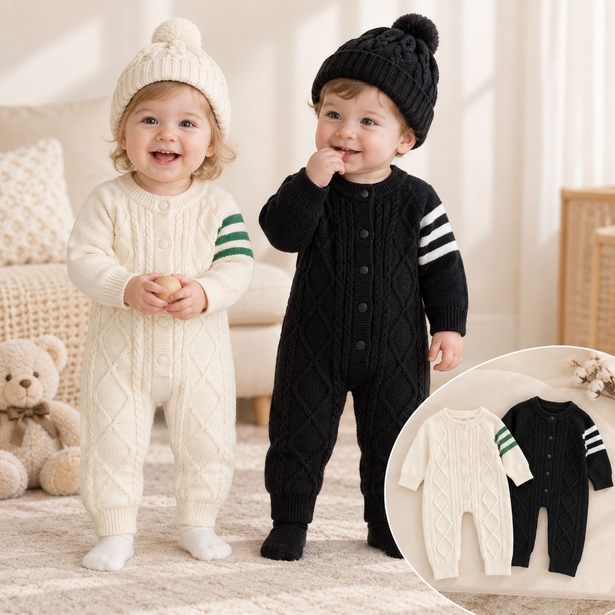 Boys' striped romper, spring and autumn style, cable knit, simple design, suitable for boys and girls, everyday wear, home and outings, children's sweater