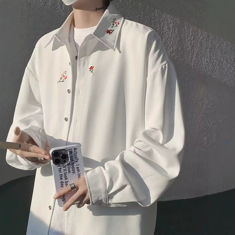 New Chinese-style white floral embroidered shirt, a trendy and stylish long-sleeved shirt with a classic collar, perfect for casual wear New Chinese-style white floral embroidered shirt, a trendy and stylish long-sleeved shirt with a classic collar, perfect for casual wear