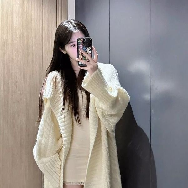 French Retro Lapel Long Sweater Tall Knitted Loose Lazy Style Jacket Autumn and Winter Thick Cardigan