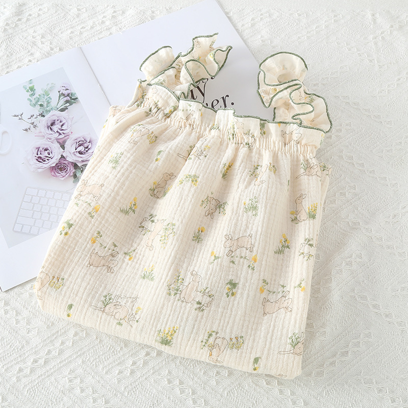 Crepe Cotton Yarn Bubble Yarn Women's Summer Sling Nightgown Long Dress Sexy Home Clothes Printed Korean Style Cute