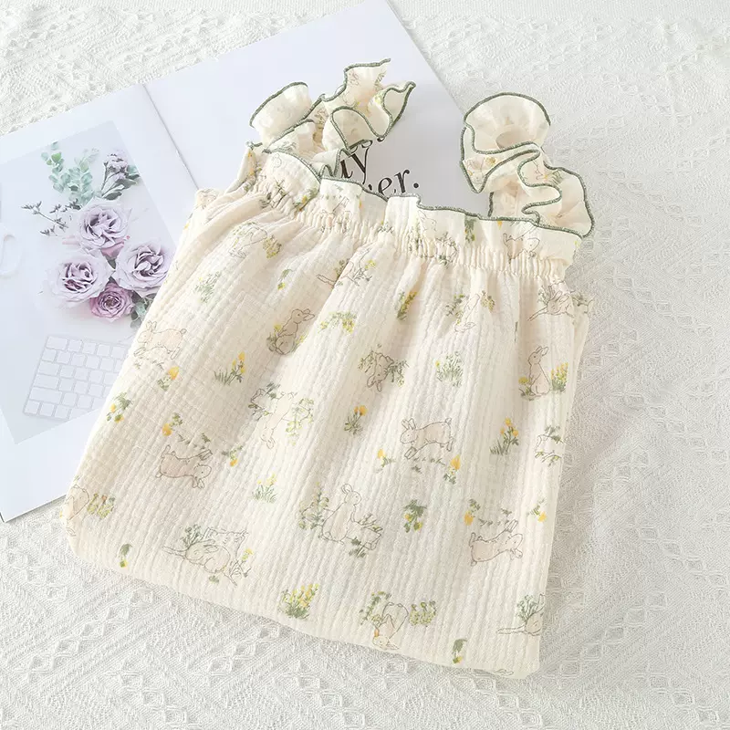 绉布棉纱泡泡纱女士夏季吊带睡裙长裙性感家居服印花韩版可爱