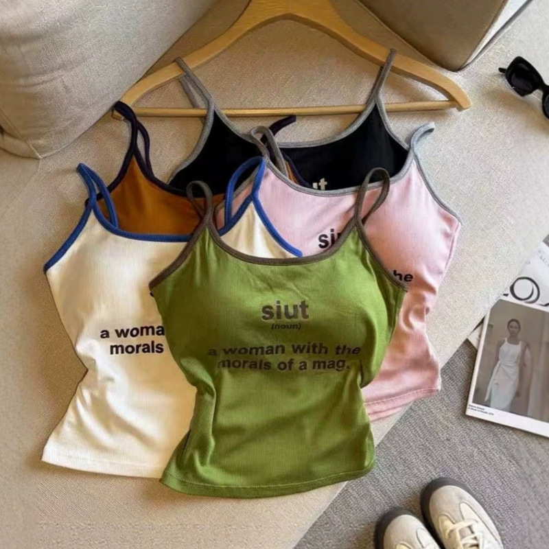2026 Summer New Style Color-Blocking Letter Print Camisole for Women with Chest Pads, Suitable for Layering or Wearing Alone, Featuring a Stylish Back Design
