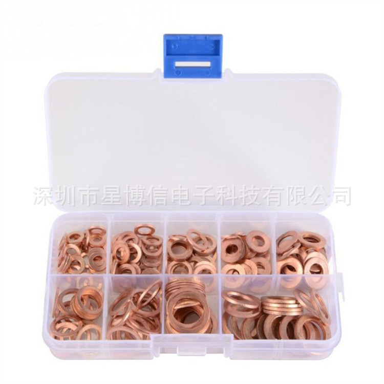 200PCS O型紫铜油封垫片盒装 O形铜垫 铜垫片平垫圈套装M5-M14