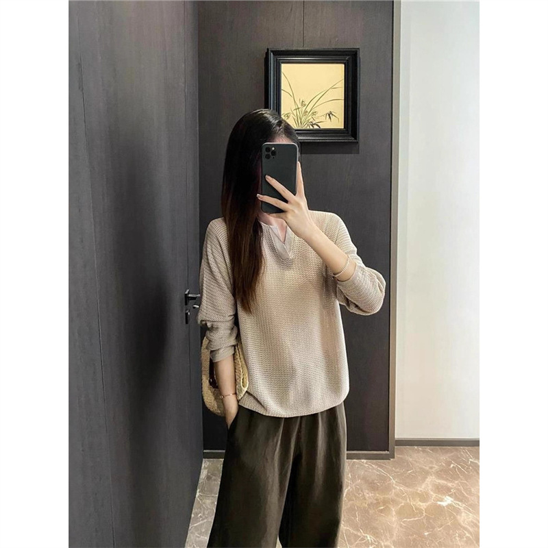 Hejia Yulu Linen Hollow Knitted Sweater Thin Long Sleeve Sun Protection Blouse Tencel Lyocell Small Shirt Top