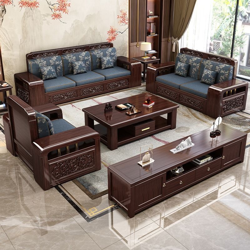 Purple Sandalwood Solid Wood Chinese-Style Sofa Living Room Set for Home Use, Suitable for Various Sizes of Apartments, Dual-Use for Winter and Summer, Carved Storage Furniture