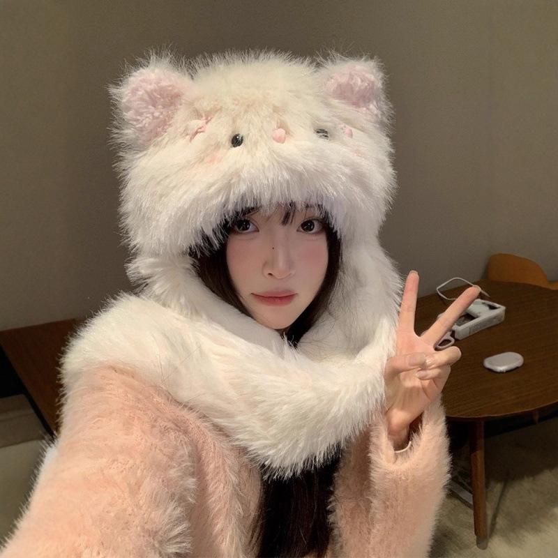 겨울 여성 고양이 귀 털모자 목도리 일체형 방한 방풍 보온 모자