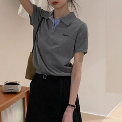 BRIVN韩系灰色假两件polo领针织衫短袖女2025夏季新款薄款上衣