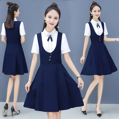 春夏季短袖时尚优雅蓝色职业工作服衬衫连衣裙