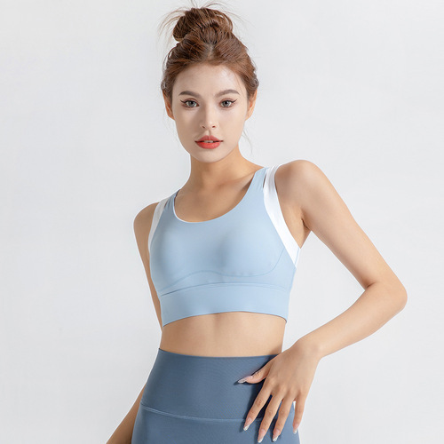 Large size contrasting color sports yoga shock-proof fake two-piece bra fixed chest pad I-shaped back underwear women's fitness top