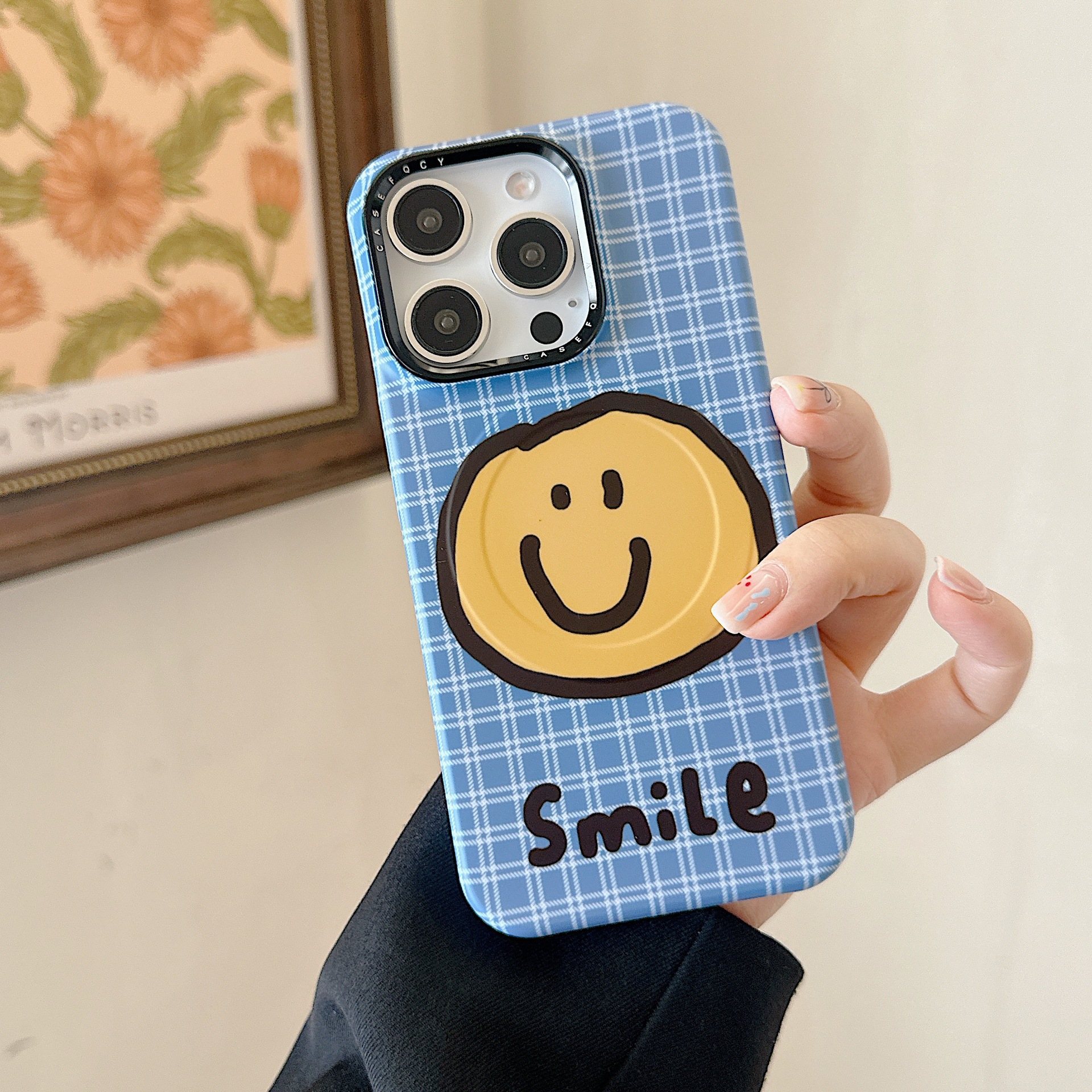 Smiley simple a cuadros azules para Apple 15ProMax funda para teléfono móvil 16Pro atracción magnética 14/13 personalidad 16PM