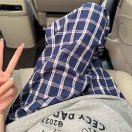 格子阔腿裤女夏季薄款高腰宽松直筒裤慵懒风百搭长裤休闲遛弯裤子