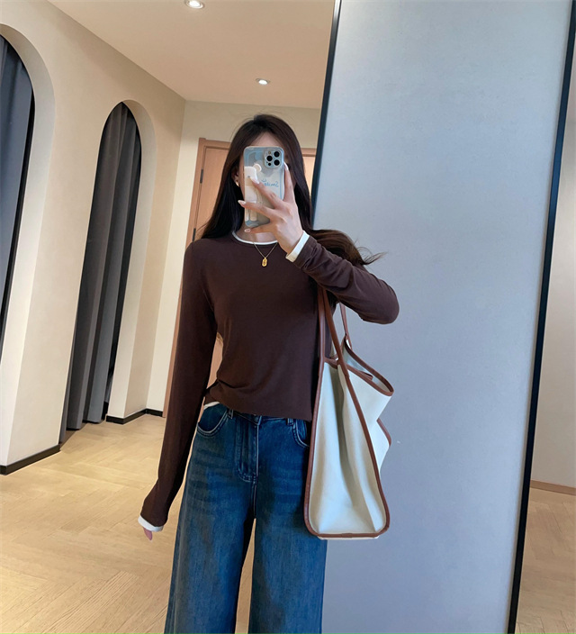 时髦假两件山羊绒柔软舒适修身显瘦打底针织长袖T恤女25秋5593#|undefined