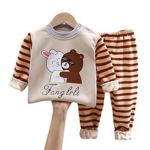 A unisex children's warm indoor set with padded and thick winter clothing, including long johns for babies
