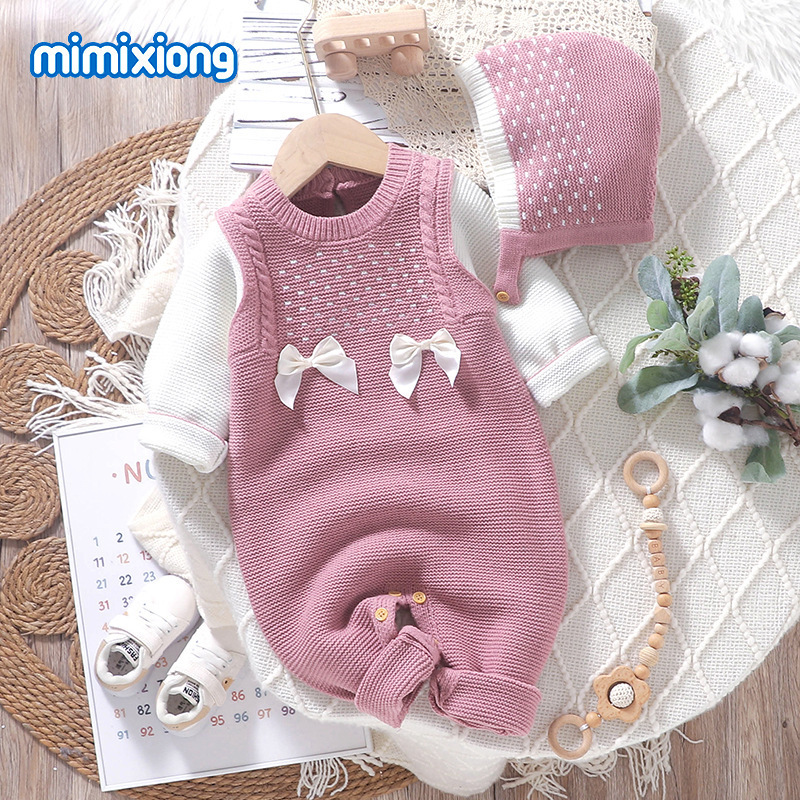 インホット販売新しい女の赤ちゃんニットリボンワンピースロンパース + 帽子セットロンパース|undefined
