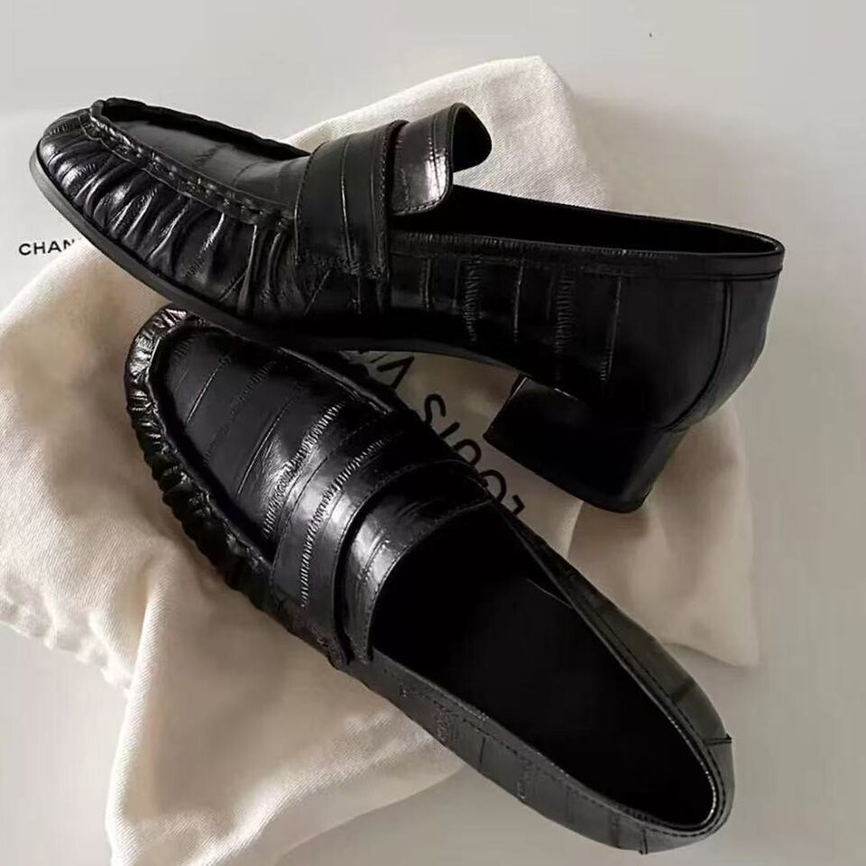 Giày lười nữ da cá chình thật thủ công phong cách retro nhăn, đế dày gót 3-5 cm — Màu nâu, màu đen