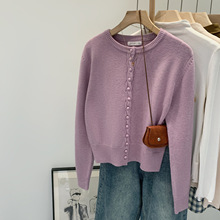 紫色长袖针织开衫外套女装韩版2025秋季新款慵懒设计感小香风上衣