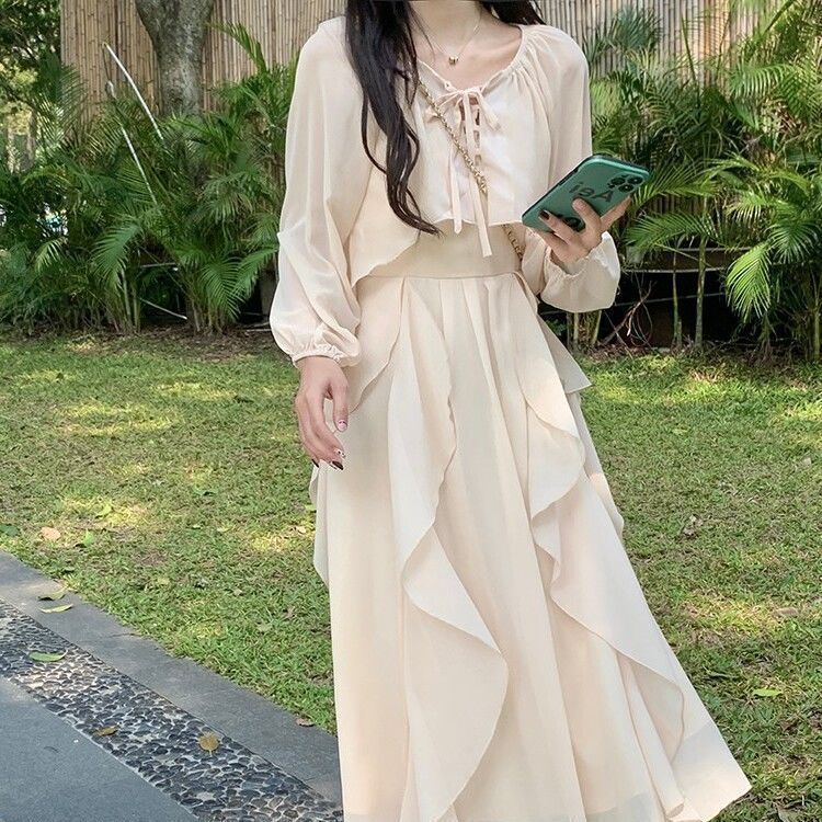 温柔风收腰显瘦气质吊带连衣裙套装女+森系高级感长袖防晒开衫女|undefined