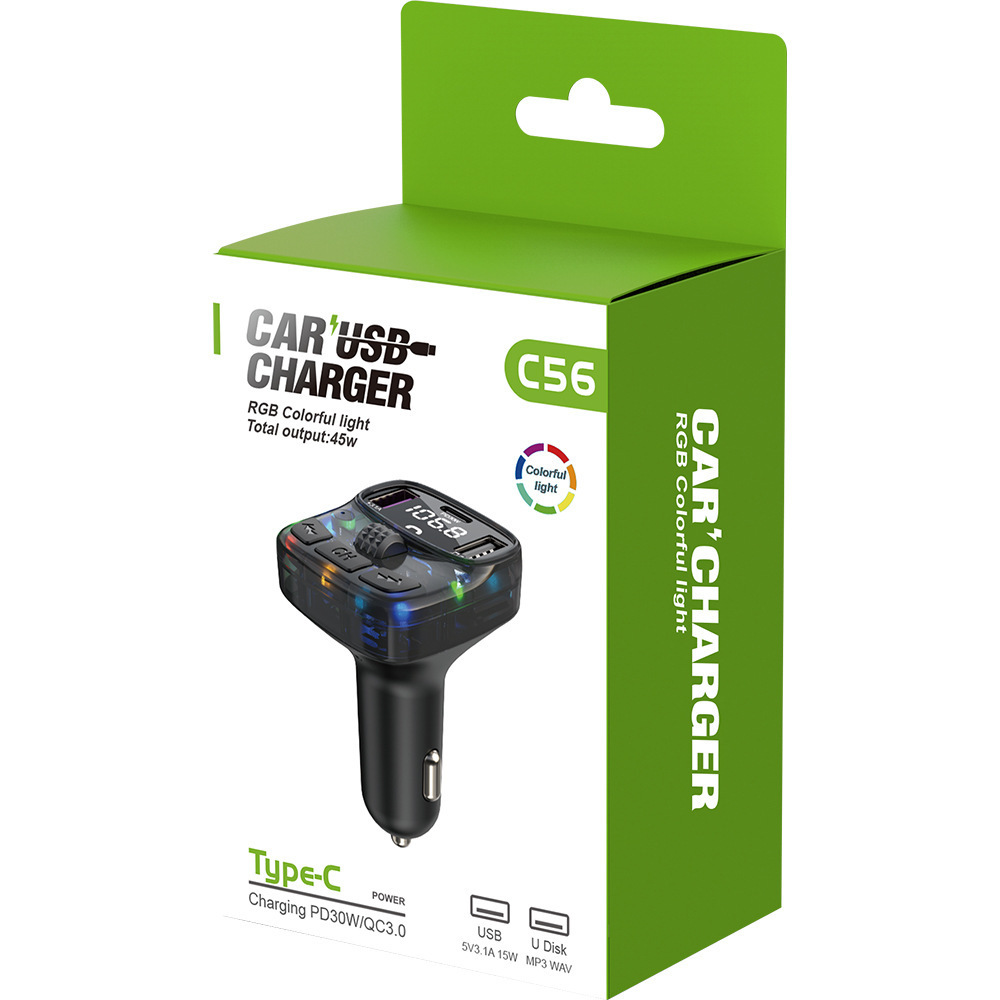 New C57 Car Mp3 Player Atmosphere Light Effect Pd30W Fast Charging Bluetooth Hands-Free Fm Transmitter Car Mp3