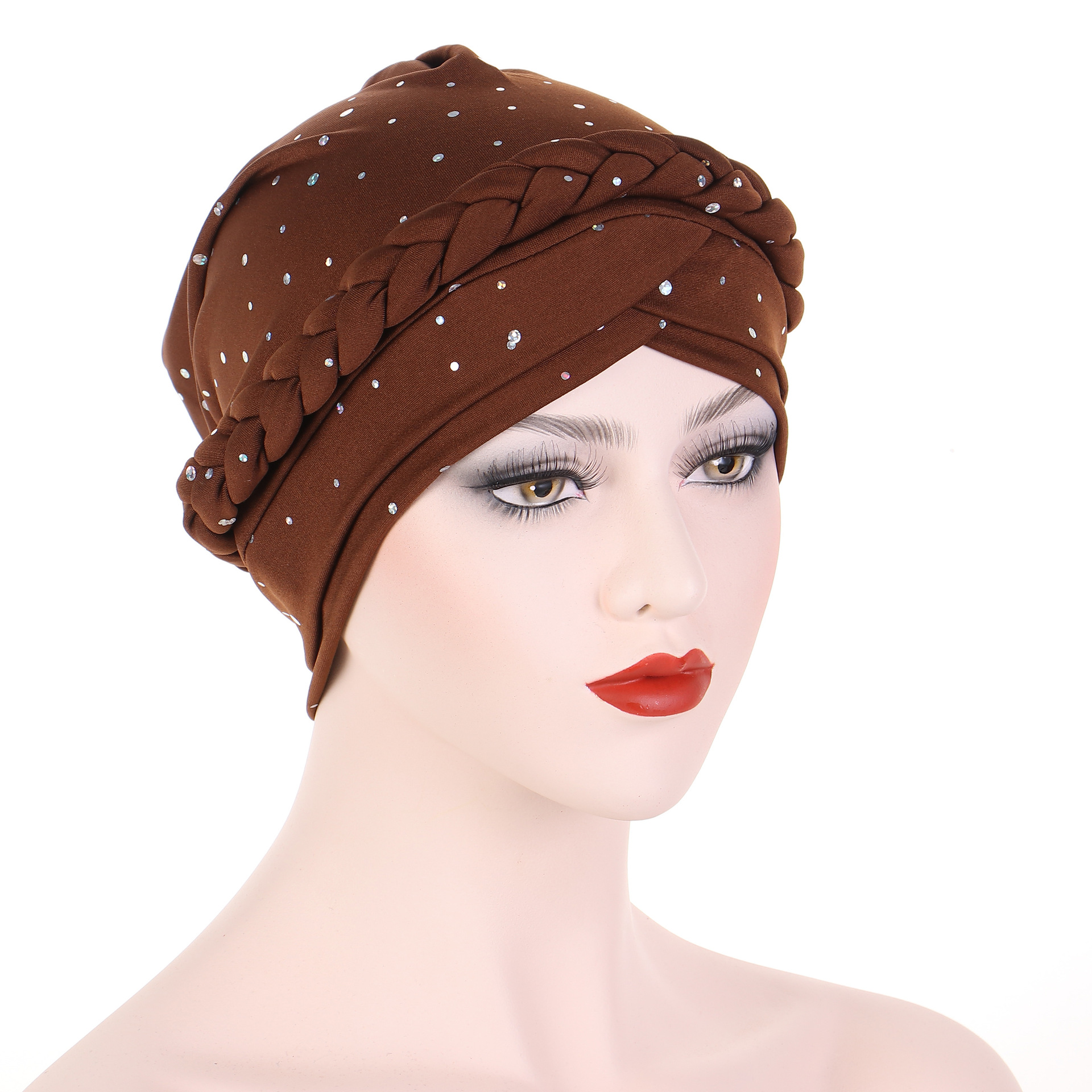 Neuer mehrfarbiger Turban-Hut mit Pailletten, einfarbig, muslimischer kleiner Hut, geflochtener Baotou-Hut_voghion.com