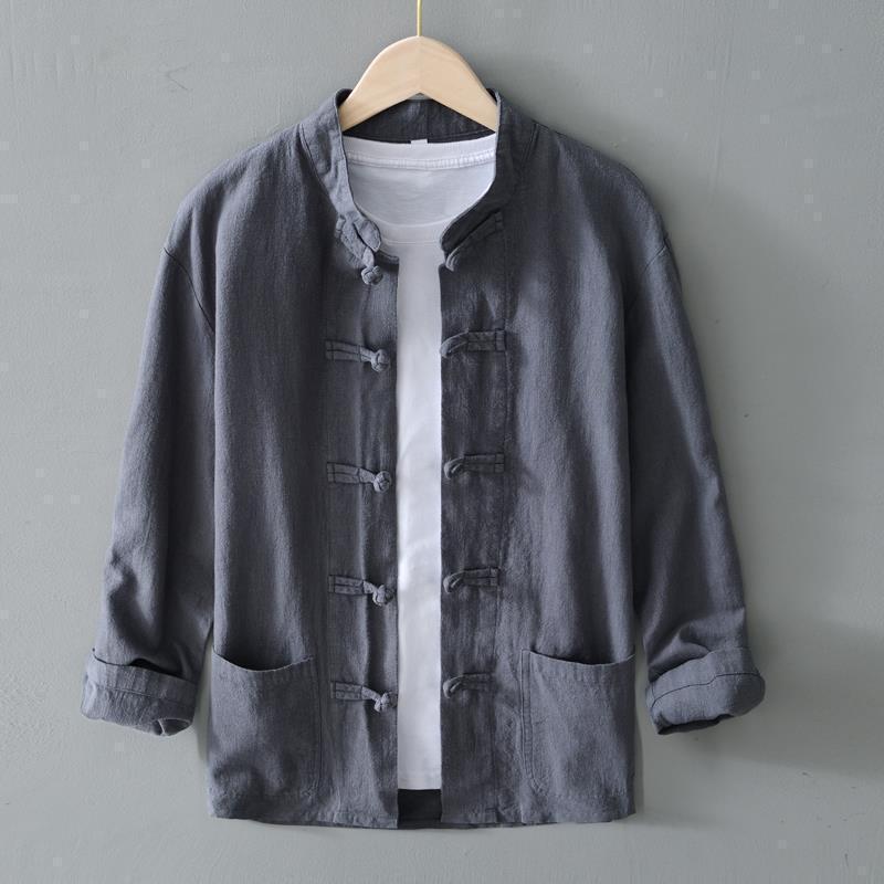 Chinese Retro Button Ramie Shirt Men's Long Sleeve Tang Clothes Shirt Cotton Linen Clothes Spring and Summer Linen Coat Thin