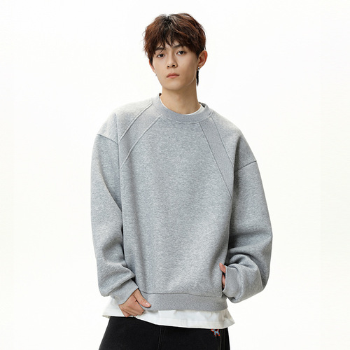Heavy-duty space cotton crew neck hoodie for men, autumn style, patchwork boxy cut American retro casual turtleneck jacket