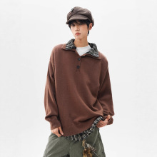 简恒美拉德复古慵懒毛衣男士秋冬新款撞色格纹假两件拼接针织衫女