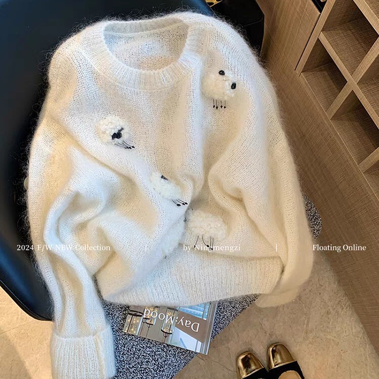 White Three-dimensional Lamb-like Mahaired Sweater Women's 2024 Autumn and Winter New Lazy Wind Soft Waxy Age-reducing Elegant Knitted Sweater White Three-dimensional Lamb-like Mahaired Sweater Women's 2024 Autumn and Winter New Lazy Wind Soft Waxy Age-reducing Elegant Knitted Sweater