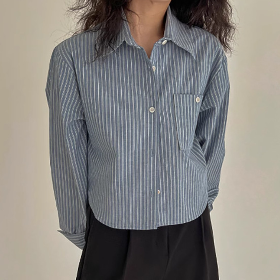 条纹蓝色衬衫女2025年春秋季新款设计感小众宽松衬衣百搭长袖上衣|undefined