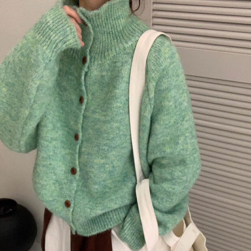 Korean Retro Stand-Up Collar Turtleneck Sweater Jacket for Women in Autumn and Winter Soft and Waxy Top Outer Wear Loose Lazy Knitted Cardigan