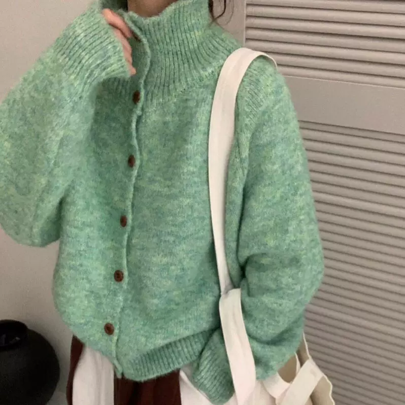 韩系复古立领高领毛衣外套女秋冬软糯糯上衣外穿宽松慵懒针织开衫