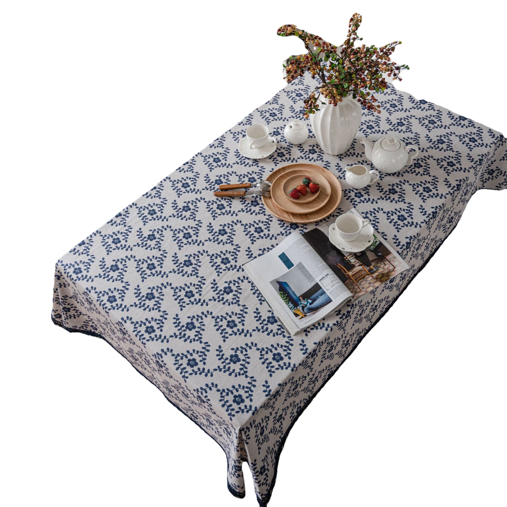 伊缦琪韵藏蓝梅花印花田园棉麻台布桌布批发家用盖巾蕾丝花边