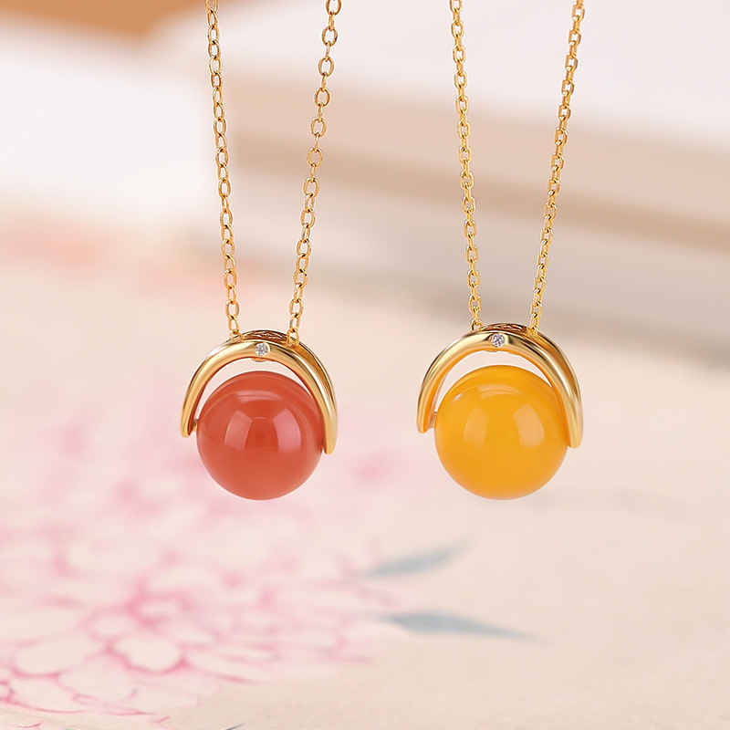 Mặt dây chuyền bạc S925 mạ vàng hồng đính mã não mật ong sáp — Tiền thủy hồng (không bao gồm dây xích)