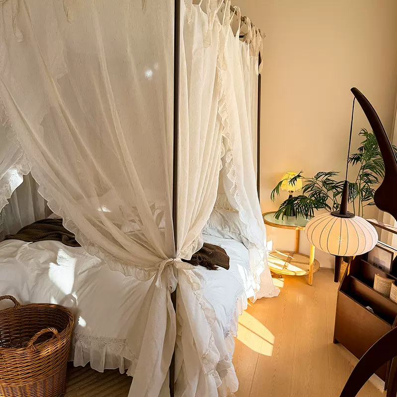 2026新款棉麻落地宫廷蚊帐家用卧室三开门轻奢法式亚麻床幔外贸