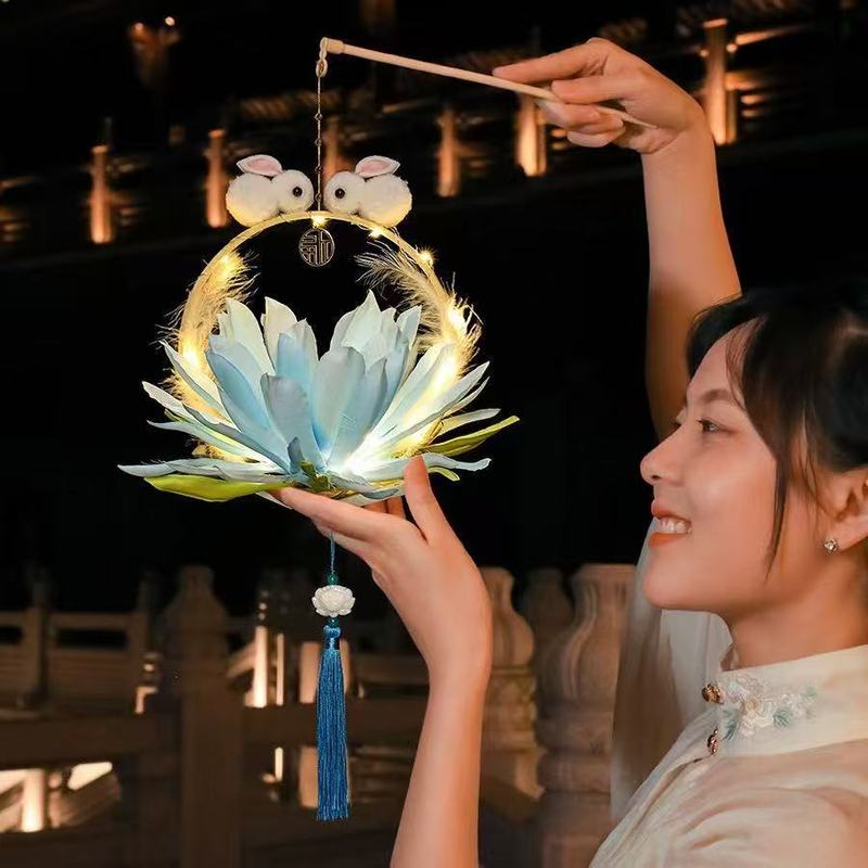 批发古风花灯中秋节日礼品景区摆摊灯笼玩具手提发光玉兔昙花灯笼|undefined